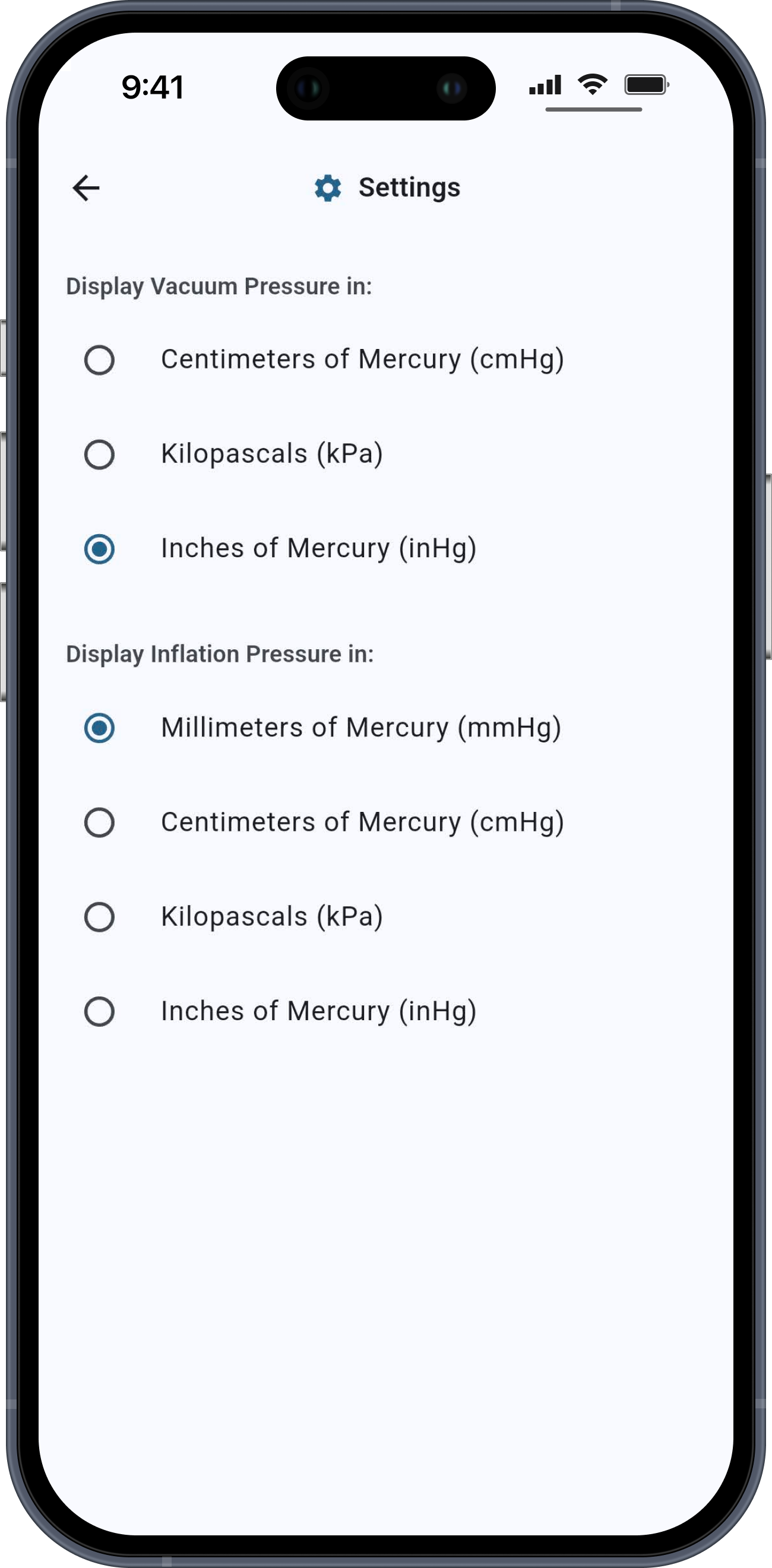Precision settings screen